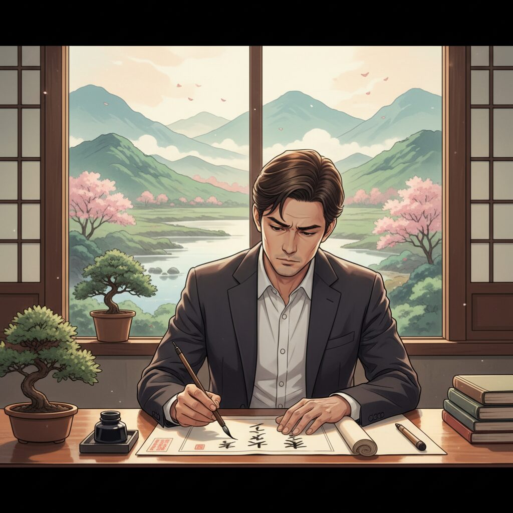 永住許可申請の理由書を真剣に作成する人物と日本の風景