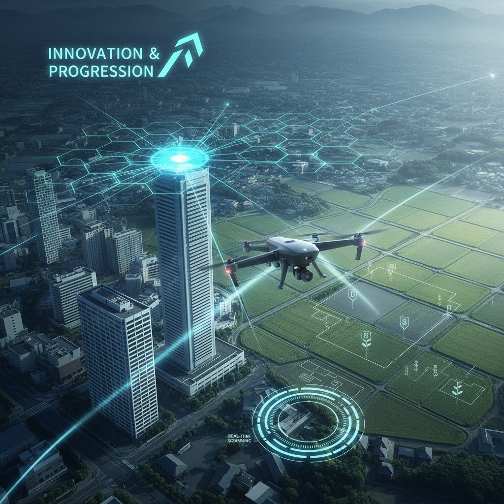 日本の多様な風景上空を飛ぶ未来的なドローン