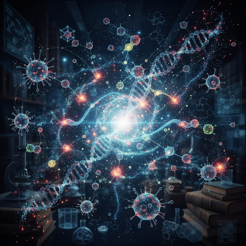 がん研究分野の学術雑誌「Cancer Science」のインパクトファクター変動と学術的価値を示す抽象的な科学イラスト