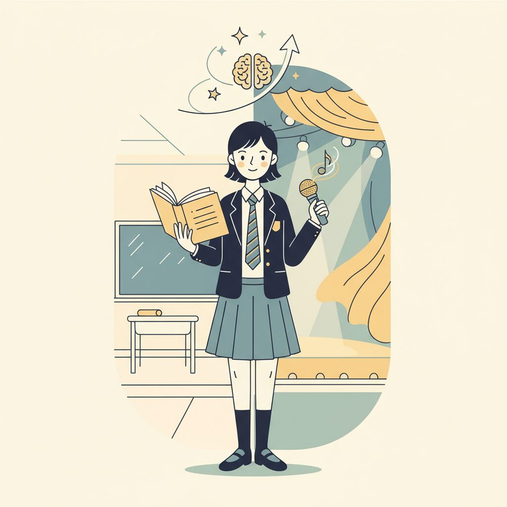 本とマイクを持つ学生のイラスト。学業と芸能活動の両立を象徴。