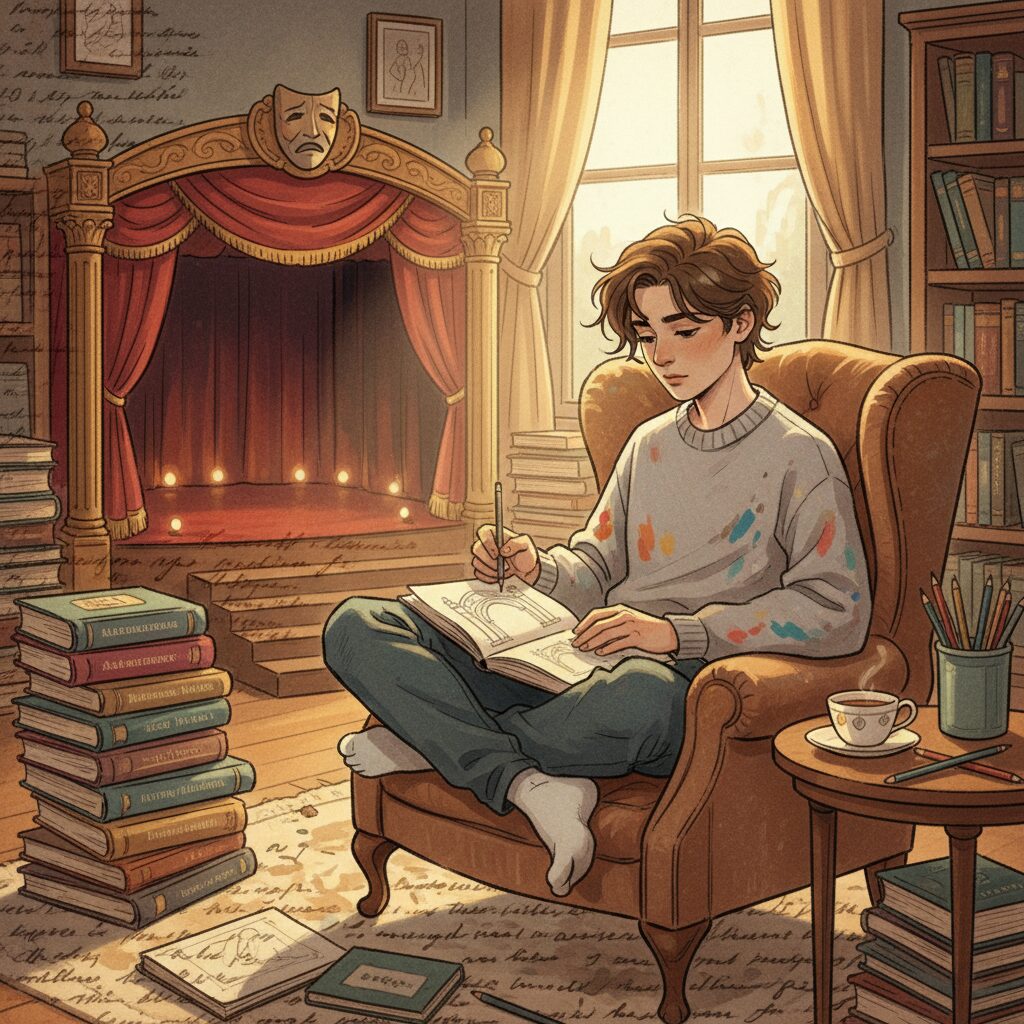 若いアーティストがスケッチブックに絵を描き、学業と芸能活動のバランスを示唆する背景