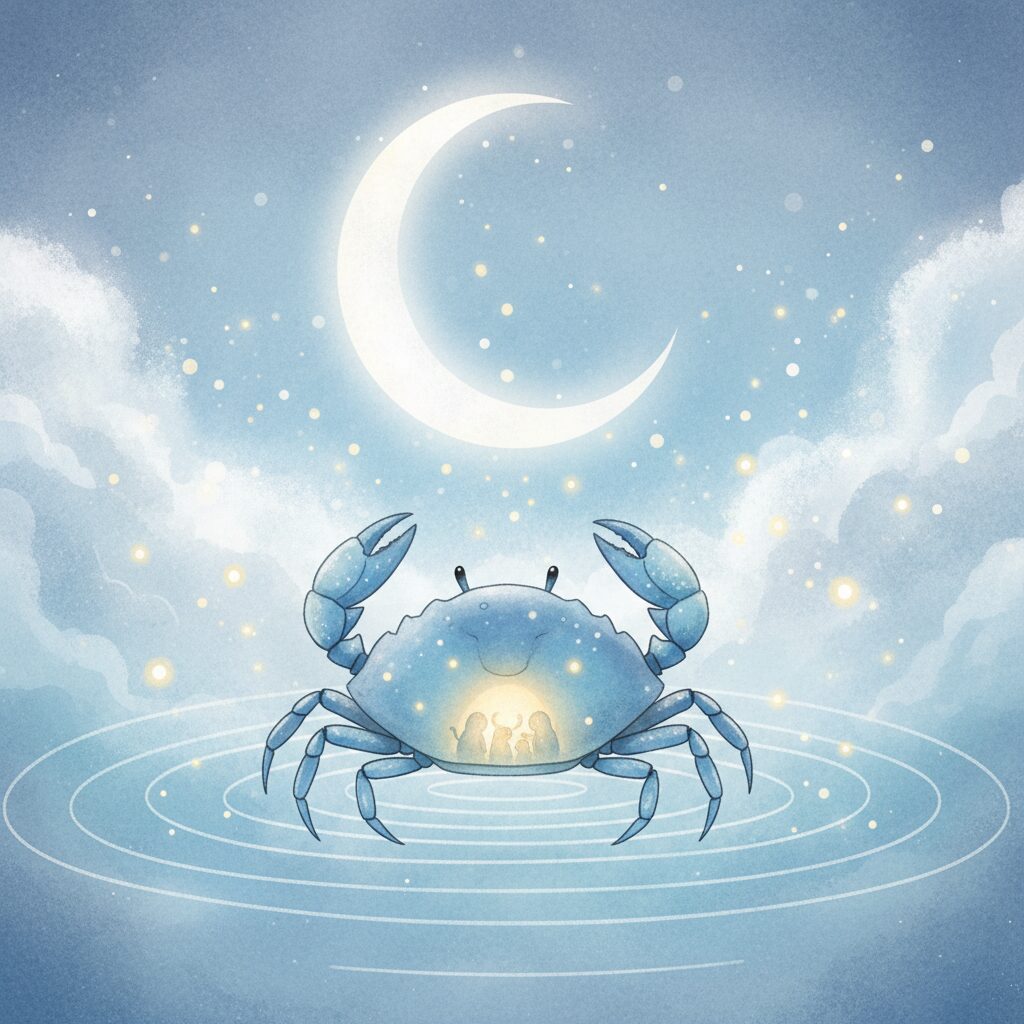 月と水面に囲まれた神秘的な蟹のイラスト