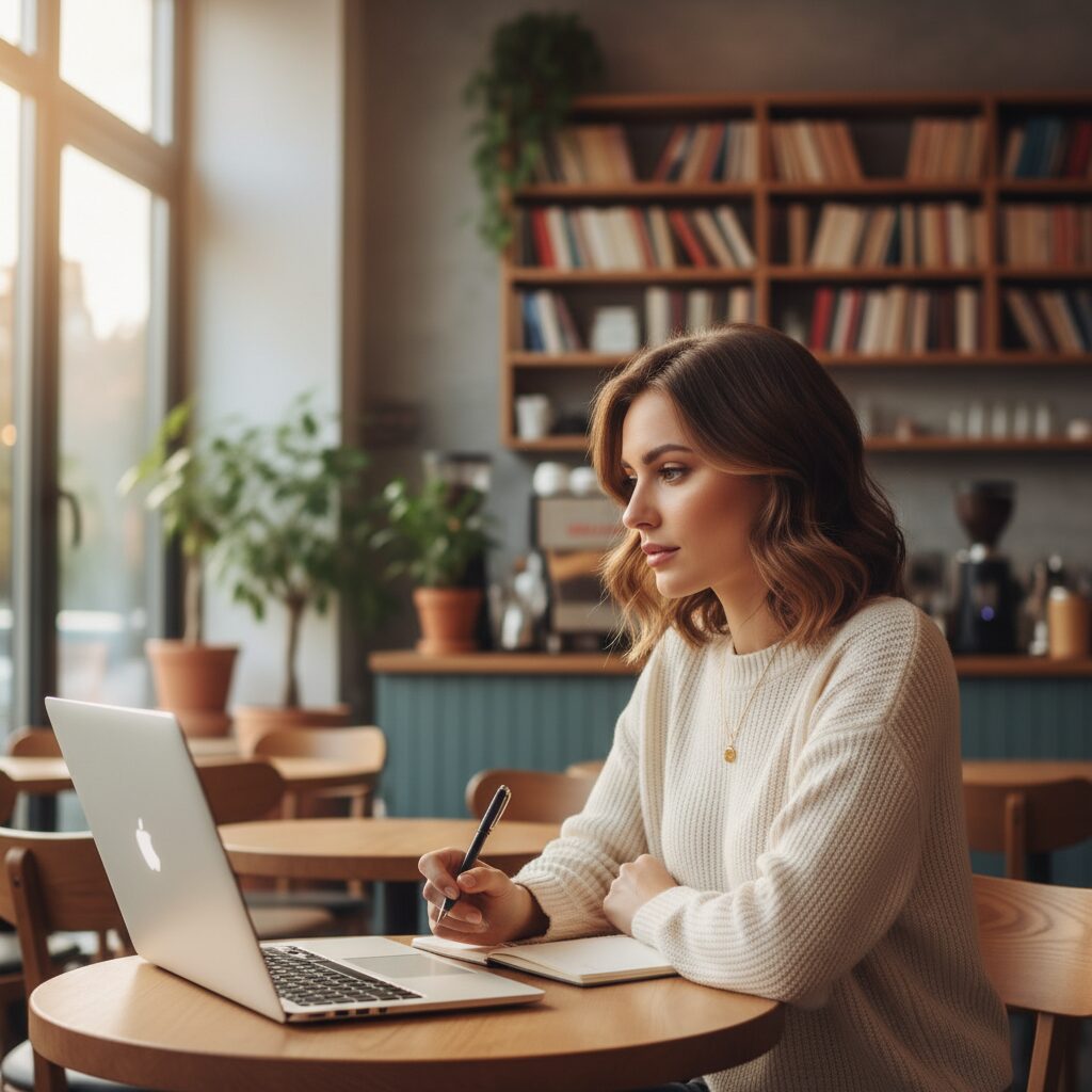 パソコンを見つめる女性の横顔、金子恵美さんのオンライン活動をイメージ