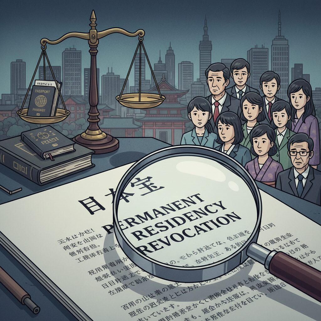 改正入管法による永住許可取り消し規定のイメージ。法律文書、懸念する人々、そして日本の都市風景が描かれている。