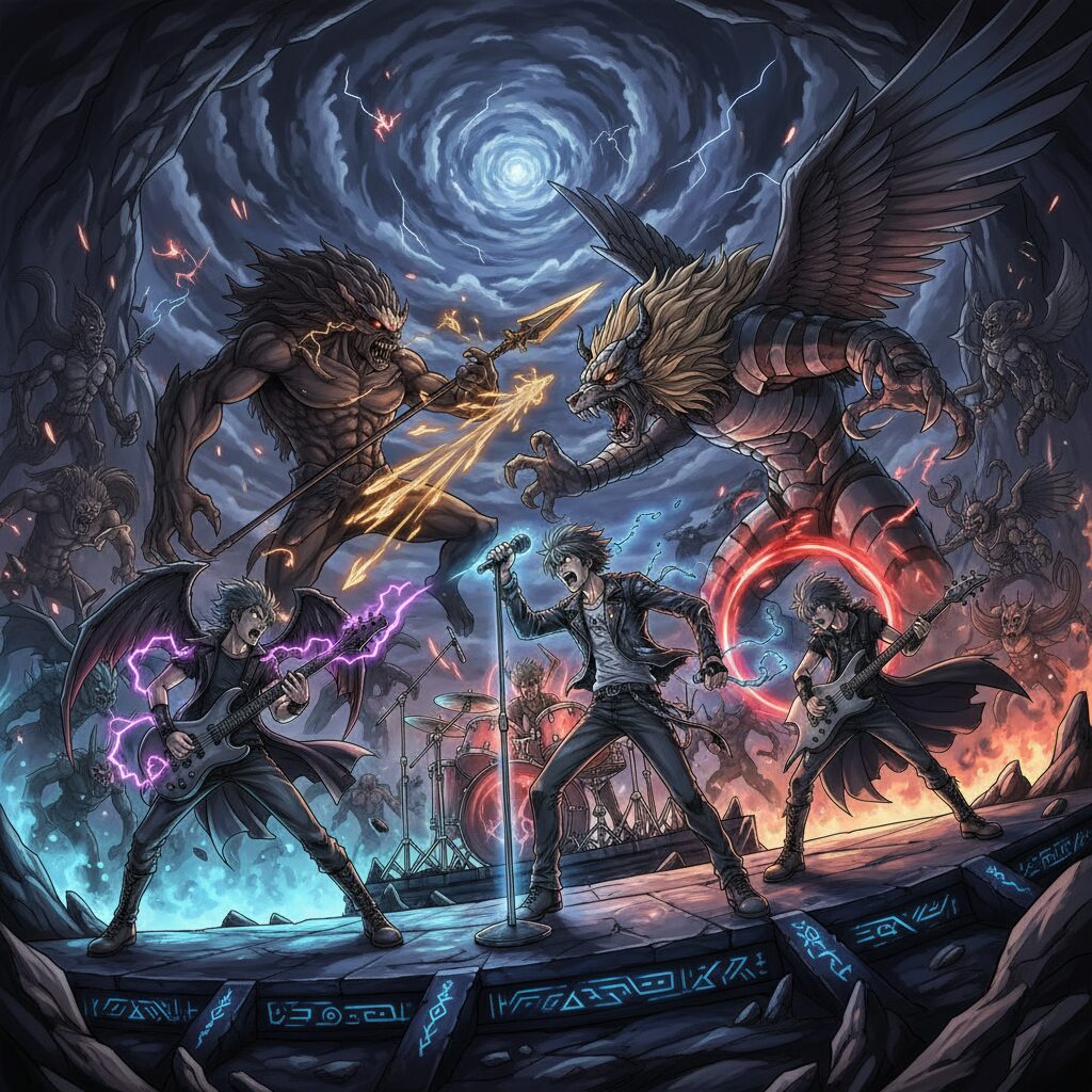 筋肉少女帯がライブで熱唱し、うしおととらのキャラクターが戦うダイナミックなイラスト