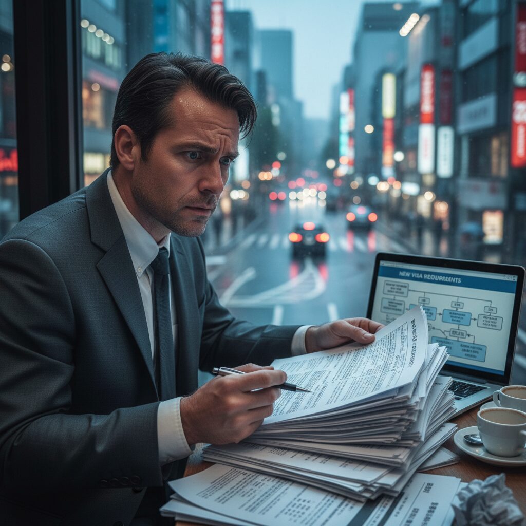 経営ビザ厳格化に悩む外国人が日本の法律書類を見つめる画像