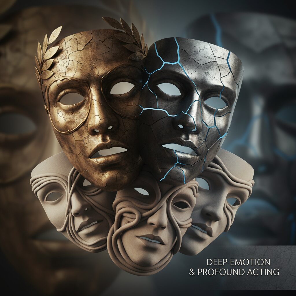 山本耕史の多様な役柄を表現する抽象的な劇的マスクのコラージュ