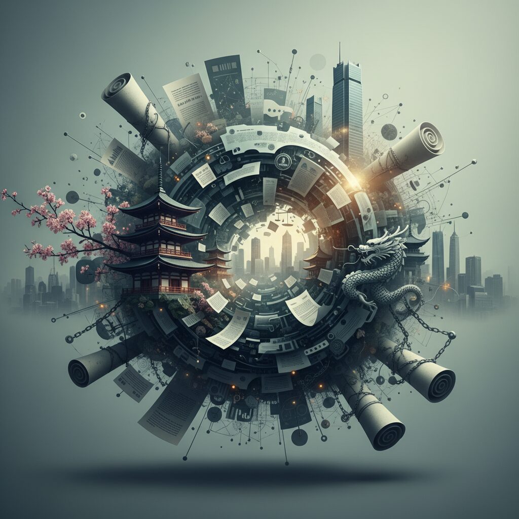 日本の高層ビル群と中国の伝統的な建物が対比され、ビザ申請書類や資本金を示すグラフが複雑に絡み合うイラスト。日中間の移民ビジネスとビザ制度の厳格化を表すコンセプトアート。