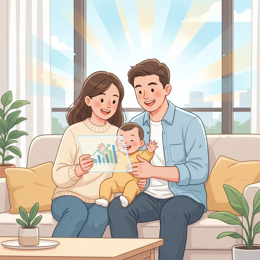 0歳NISAの概要と教育資金準備について考える家族のイラスト