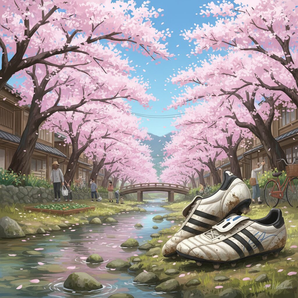 桜並木が広がる川辺に置かれたサッカー選手のサイン入りスパイク。横浜市戸塚区のふるさと納税返礼品のイメージ。