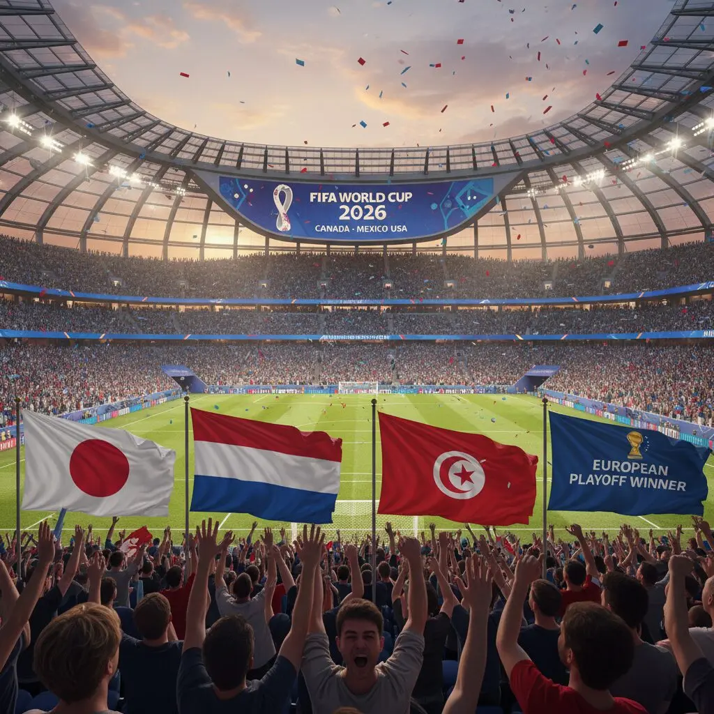 2026年ワールドカップの組み合わせ抽選結果発表を背景に、日本代表の旗と対戦国の旗が並ぶイメージ。