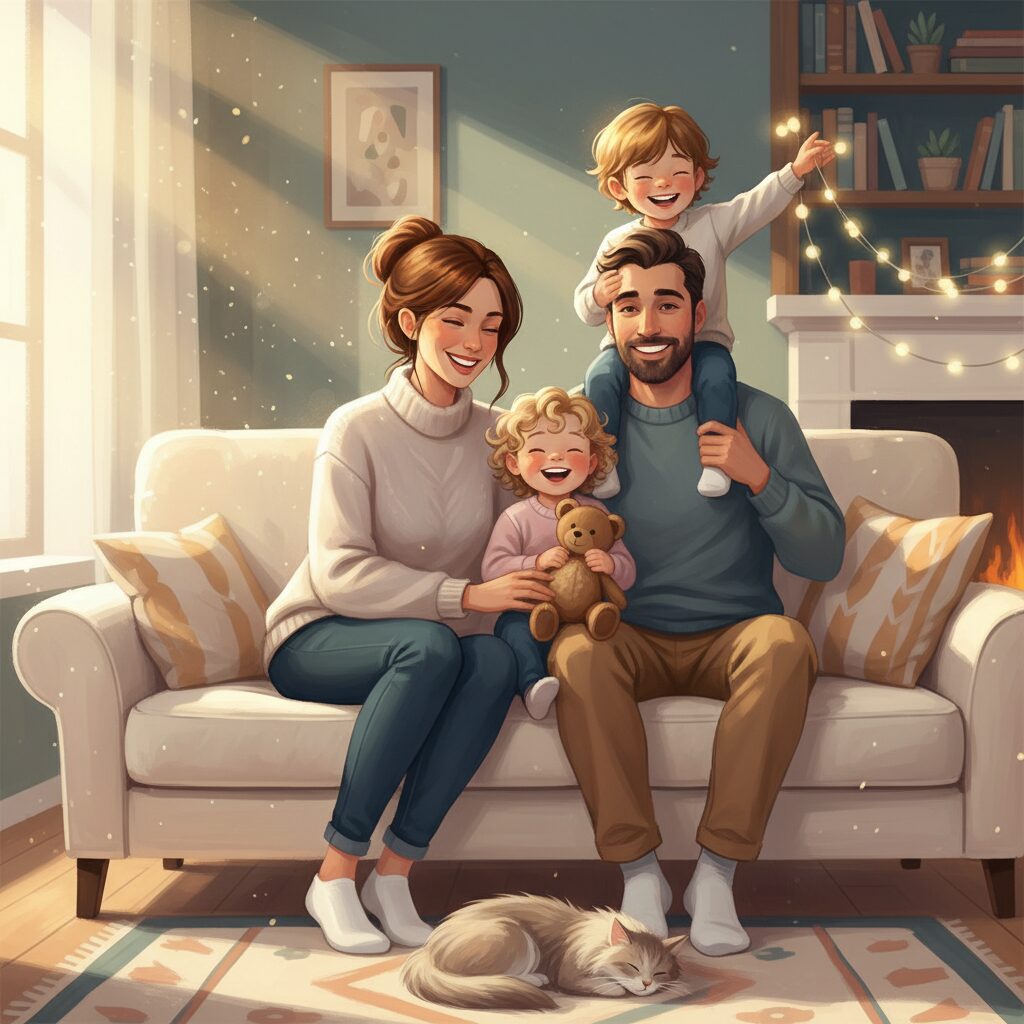 木南晴夏さんと玉木宏さん、そして2人のお子さんが笑顔で寄り添う、温かい家族のイラスト