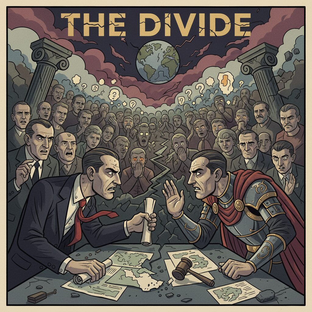 政治家が交渉する背景で国民が注視する様子