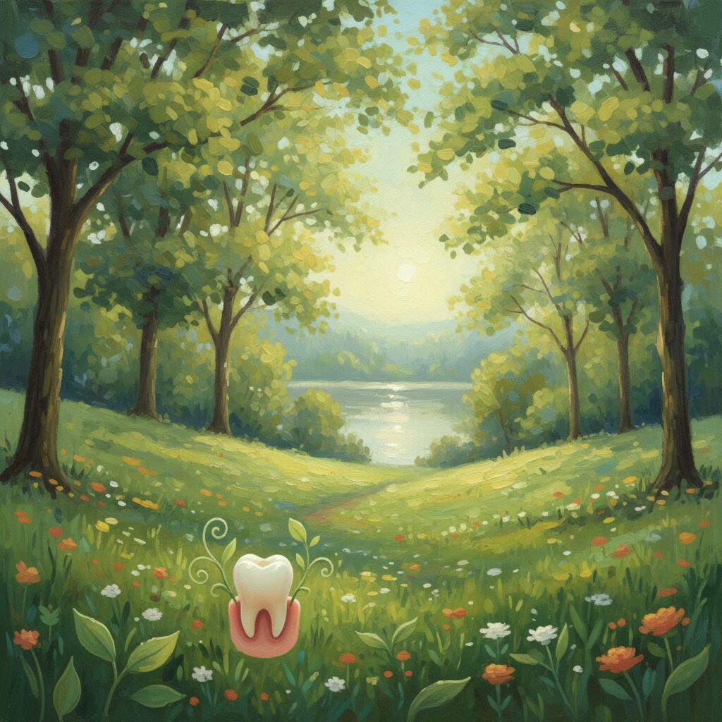 初夏の万緑の中に生え始めた赤子の乳歯のイラスト
