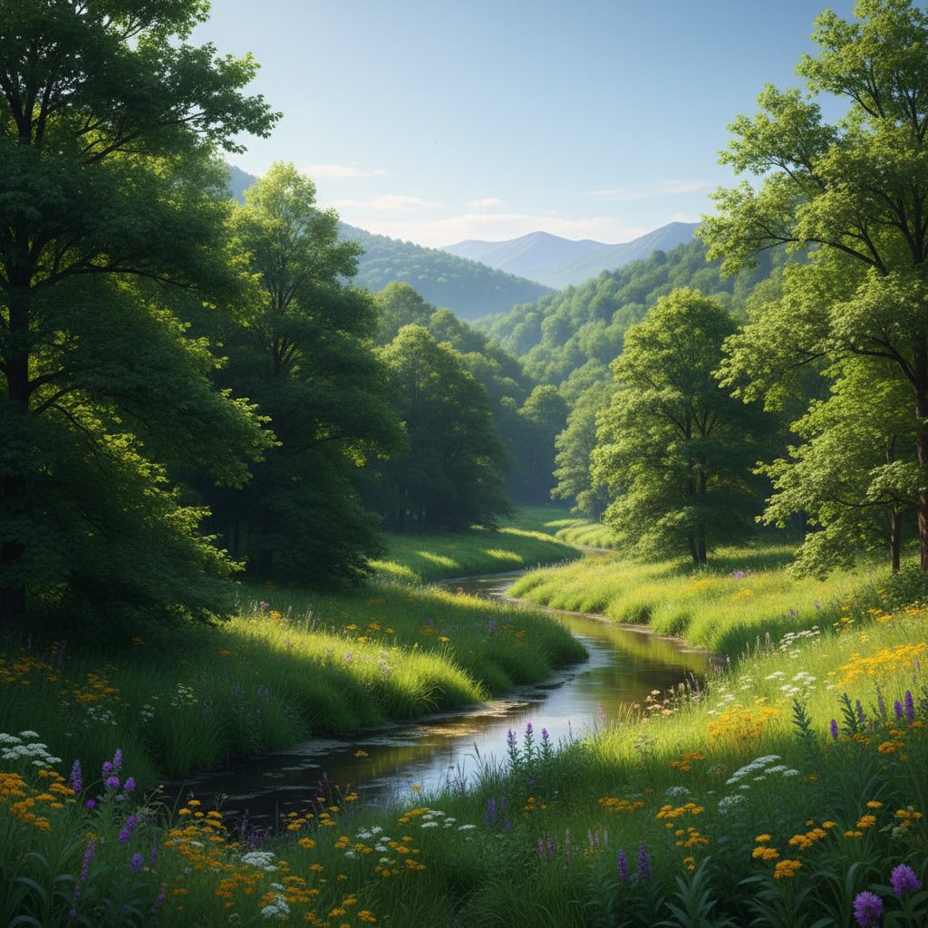 一面に広がる青々とした夏の森と木々の葉、太陽の光が降り注ぐ情景