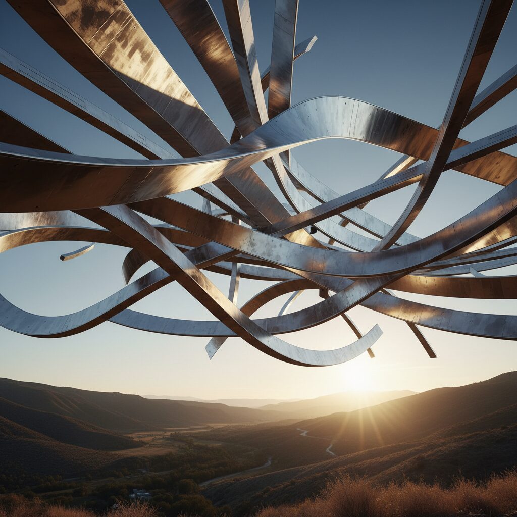 フランク・ゲーリーの建築スタイルを象徴する抽象的な曲線とメタリックな構造物