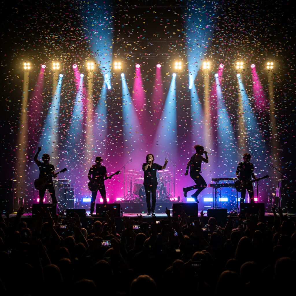 SixTONESが紅白歌合戦のステージでパフォーマンスする様子。