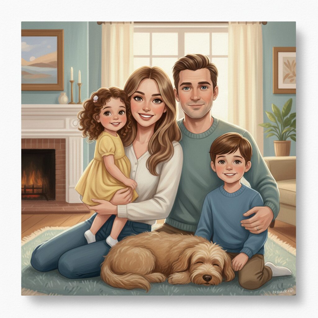 松尾諭さんの妻と子供たち、そして愛犬ハロが描かれた温かい家族のイラスト