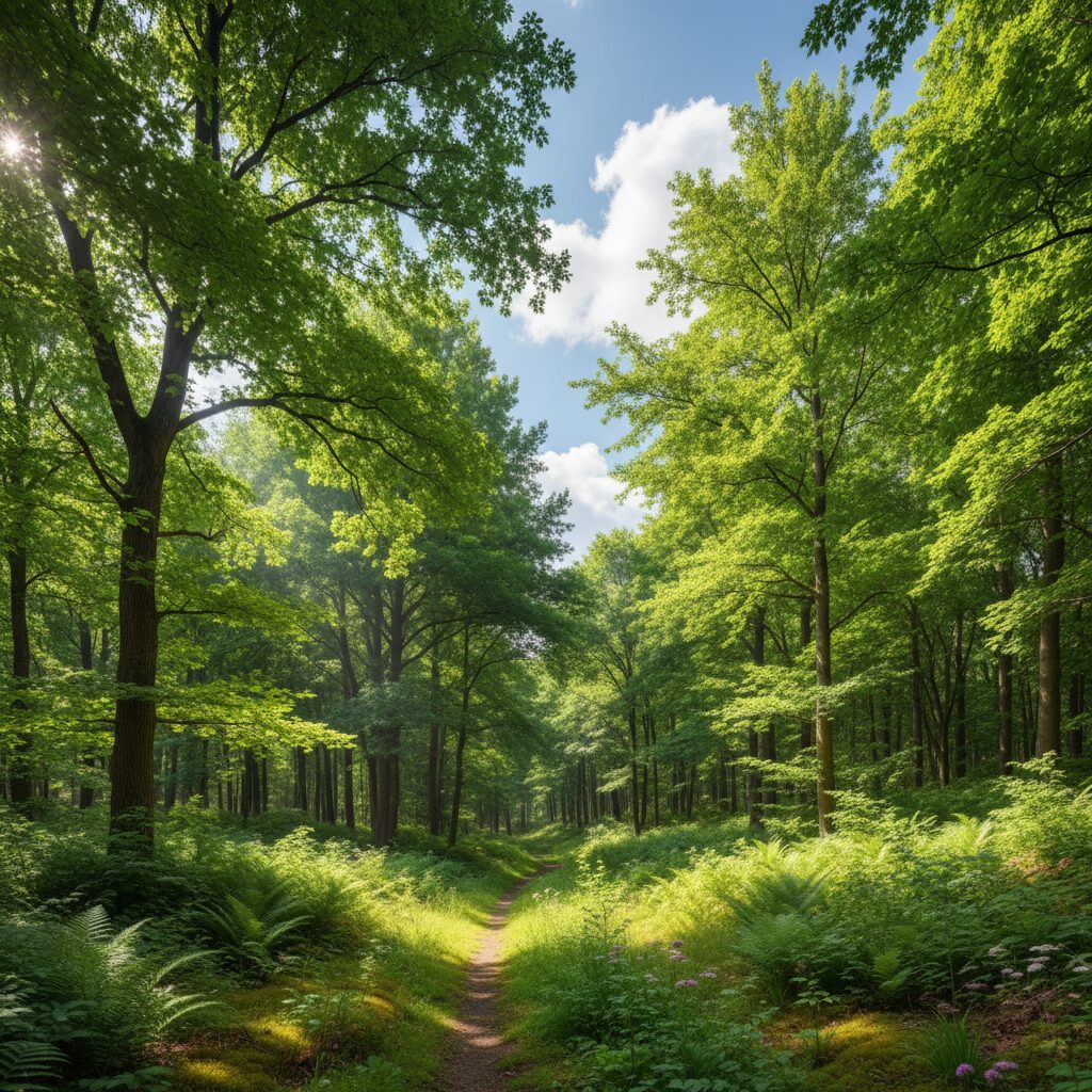 夏の深緑に覆われた山々や森の風景