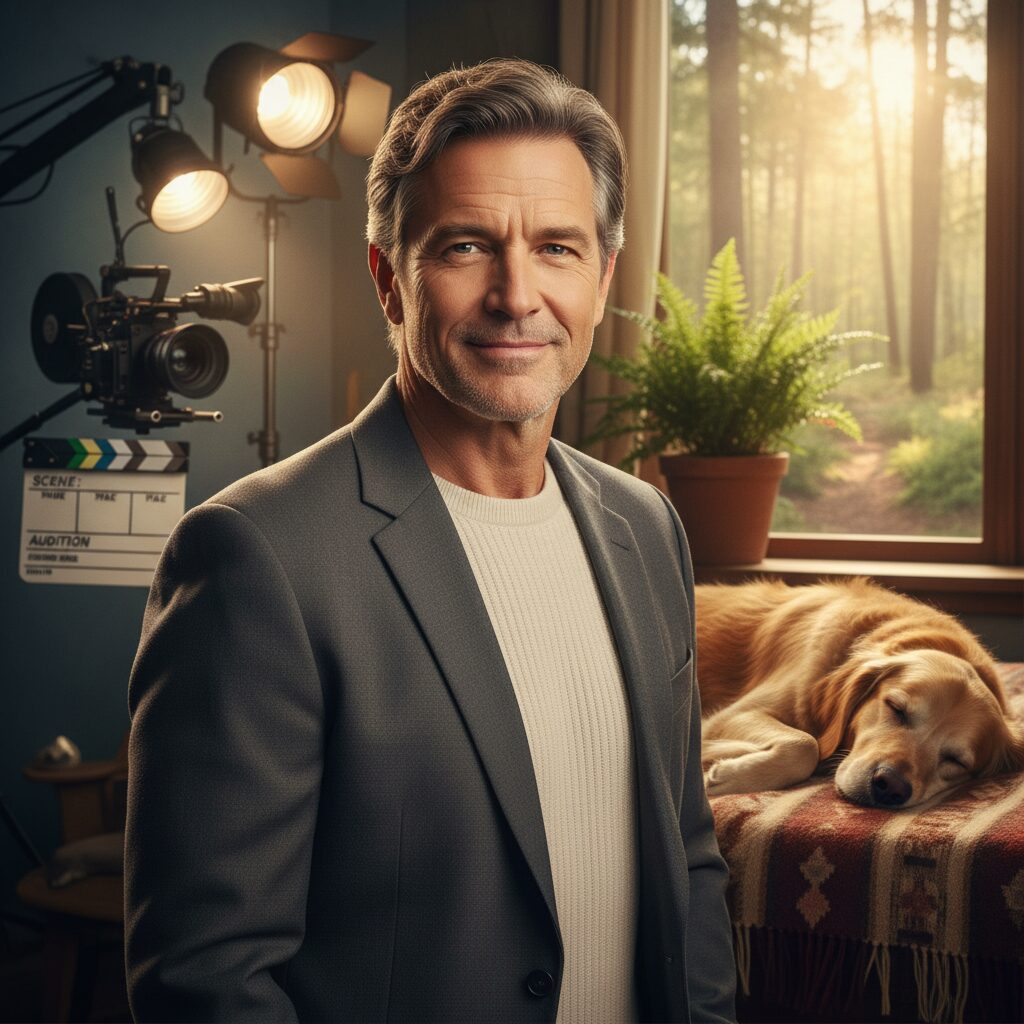 笑顔で立つ俳優の松尾諭と、彼の足元に寄り添う愛犬。背景には映画のセットと自然な風景が融合している。