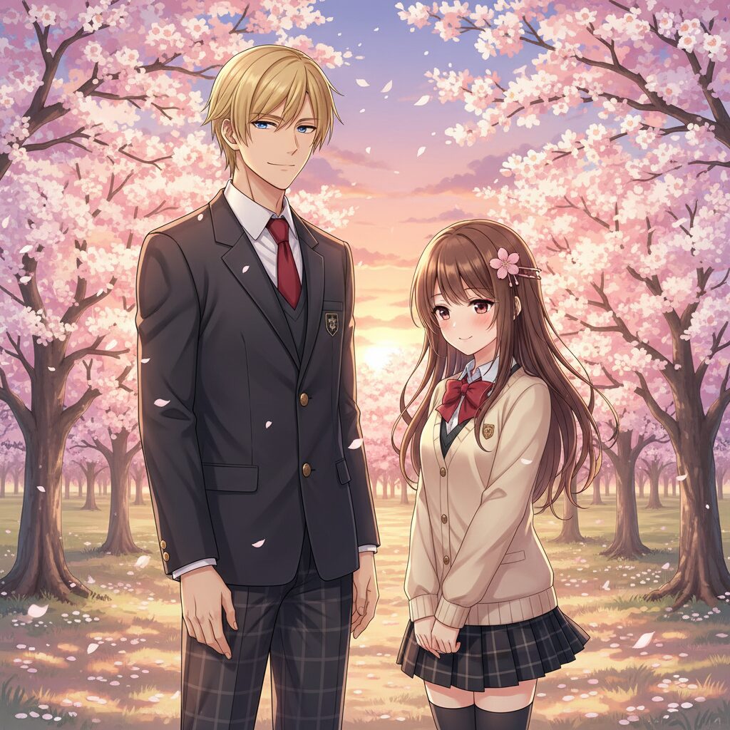 なにわ男子・高橋恭平が演じる金髪コワモテの山口くんとヒロインが桜並木の下で並び立つイメージ。青春の甘酸っぱさを表現。