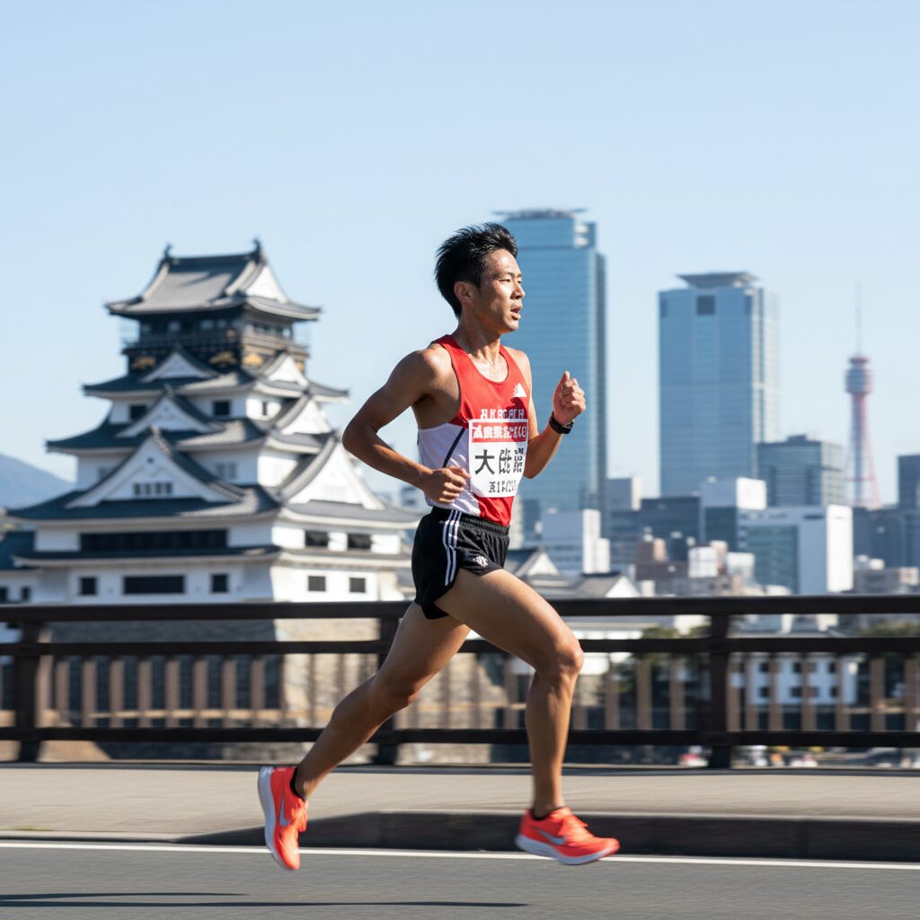福岡国際マラソン2025のランナーと福岡の街並み