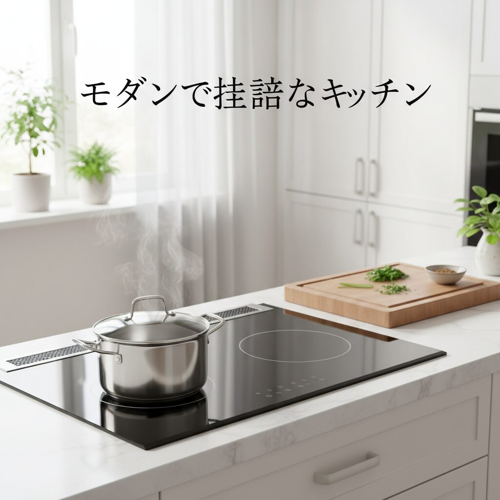 IHクッキングヒーターが設置されたモダンなキッチンで料理をする様子