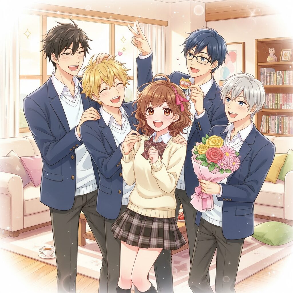 うちの弟どもがすみませんの主人公・糸と4人の兄弟がリビングで楽しそうに過ごしているイラスト