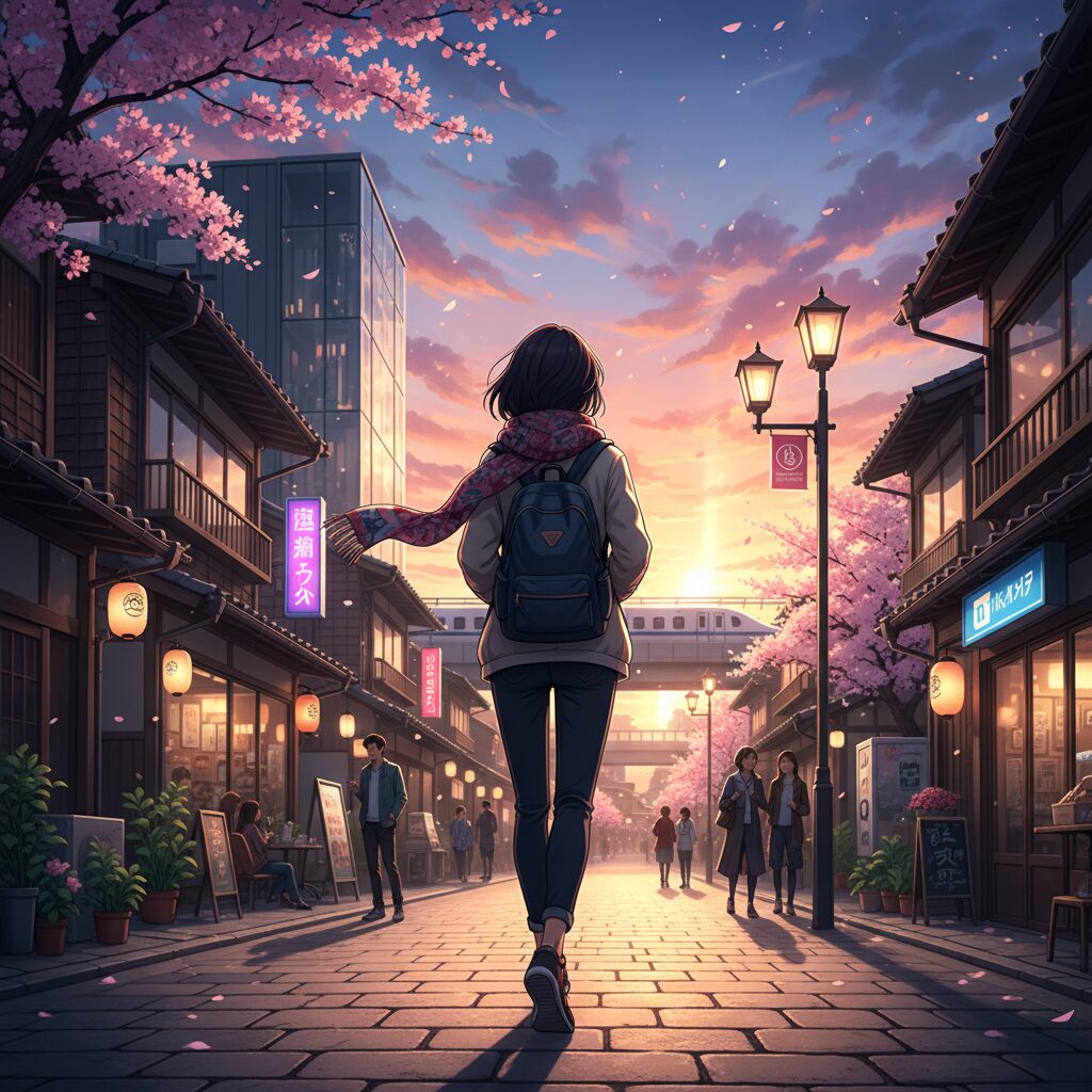 京都の街を背景に、自信に満ちた足取りで歩く若い女性の後ろ姿。活気に満ちた大学生活と新しい挑戦を象徴するイメージ。