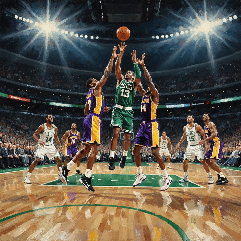 ボストン・セルティックスとロサンゼルス・レイカーズのバスケットボール選手がコート上で競り合う激しい試合風景