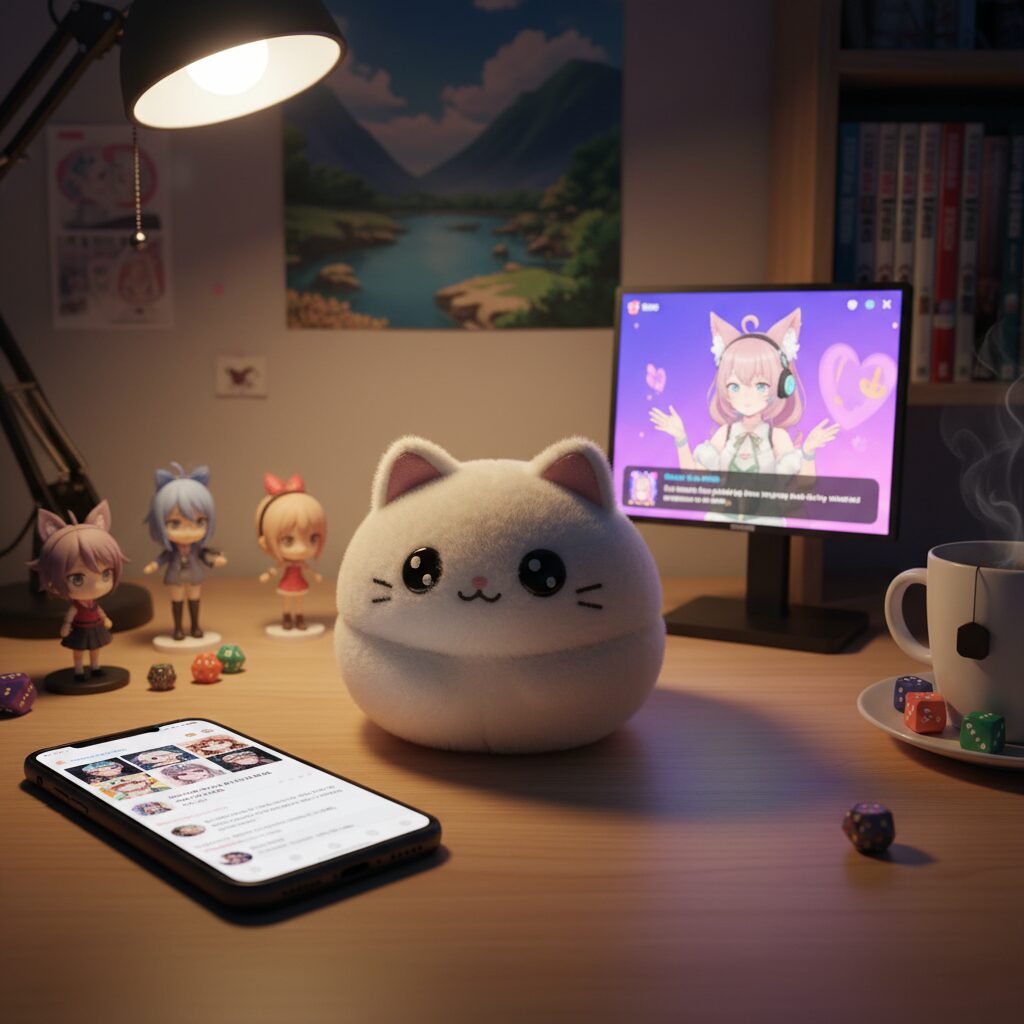 にじさんじのまめねこぬいぐるみがデスクに飾られ、SNSの投稿が映るスマホとVTuber配信中のPCがある風景。