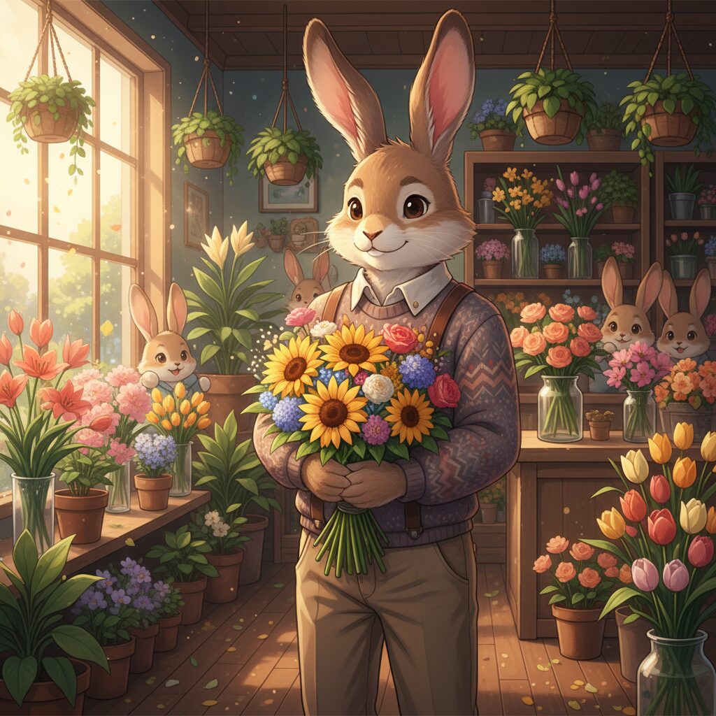 フラワーショップで花束を持つみみりんのパパ、緑原草太