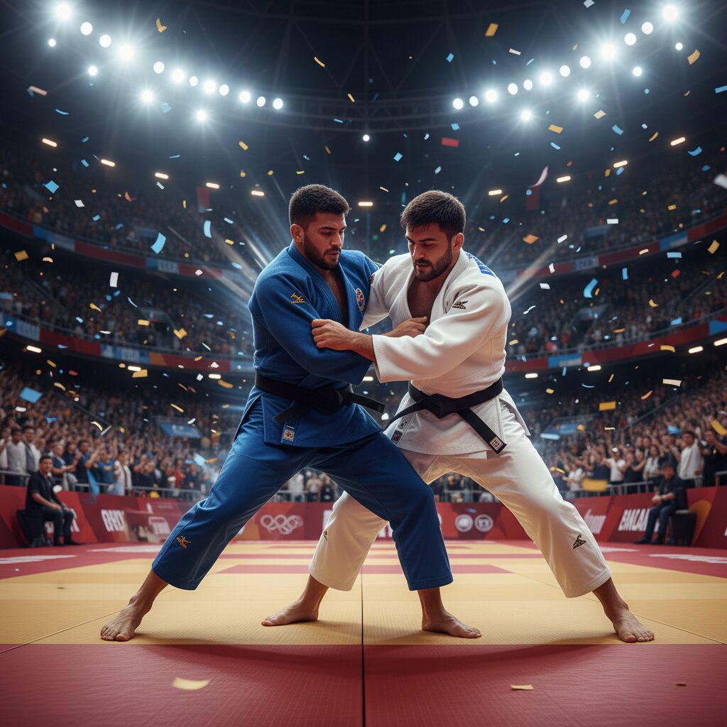 東京体育館で開催される柔道グランドスラム東京2025での、激しい柔道技を繰り出す二人の選手