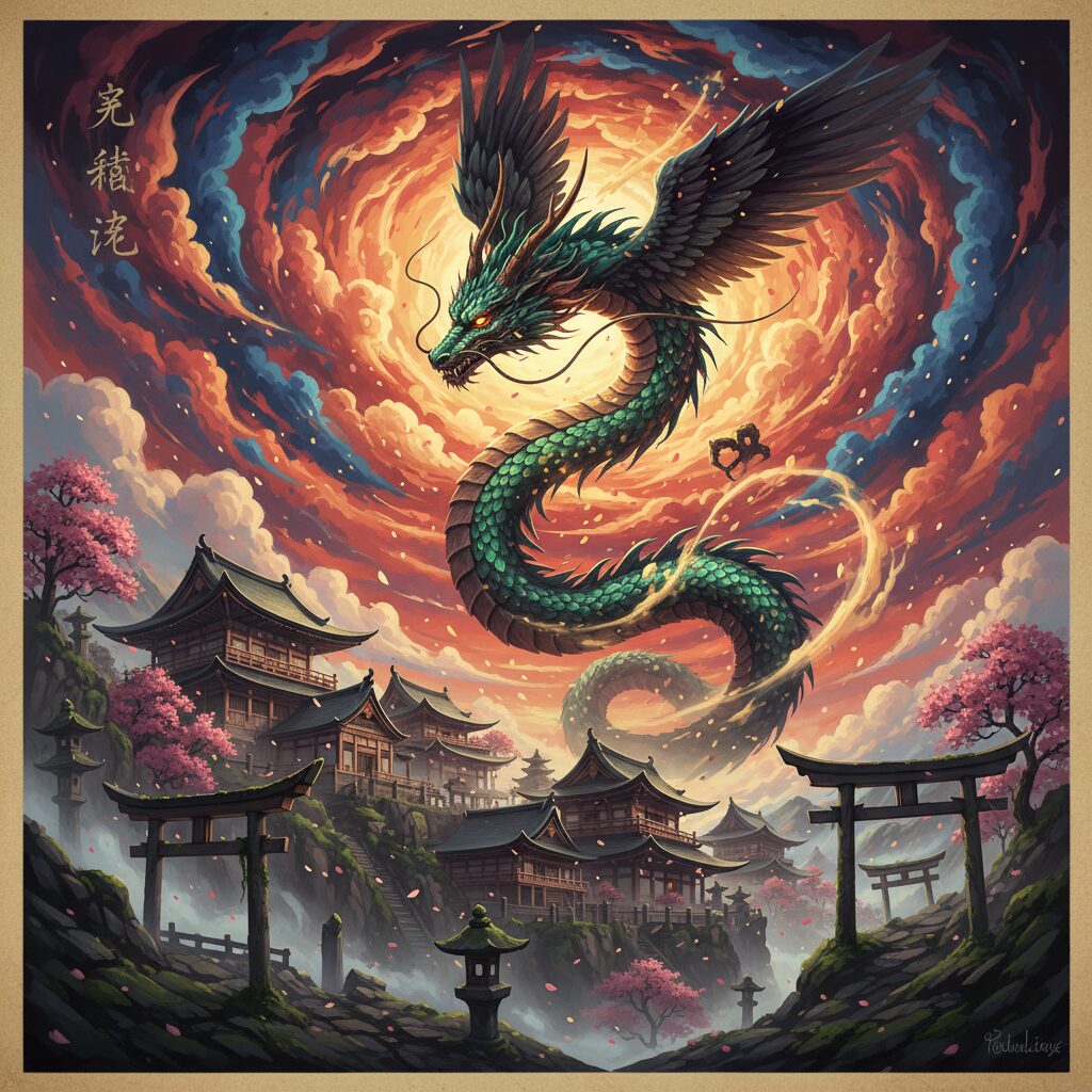 力強く天へと昇る龍の姿と、その背景に広がる日本の伝統的な風景。夜明けのような劇的な空の色合いが、歴史の転換期における坂本龍馬の飛躍を象徴している。