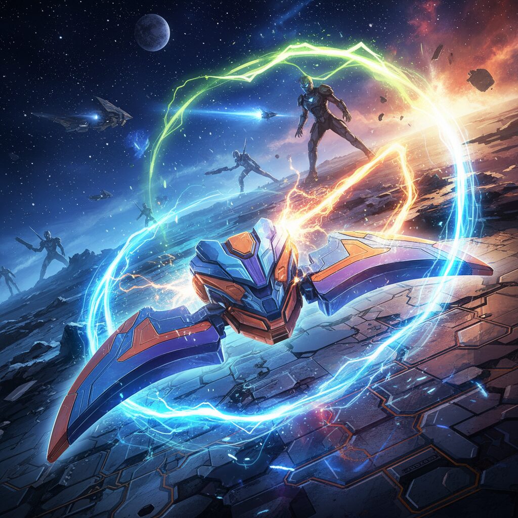 ウルトラマンオメガの変身アイテム、DXオメガスラッガーが変形する瞬間を描いたイラスト。