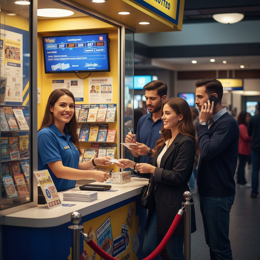 笑顔で宝くじを販売するスタッフと並ぶ顧客の様子。宝くじ売り場の活気と夢のある雰囲気を表現。