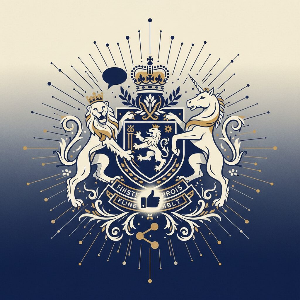 イギリス王室の紋章とSNSアイコンが融合したイラスト。