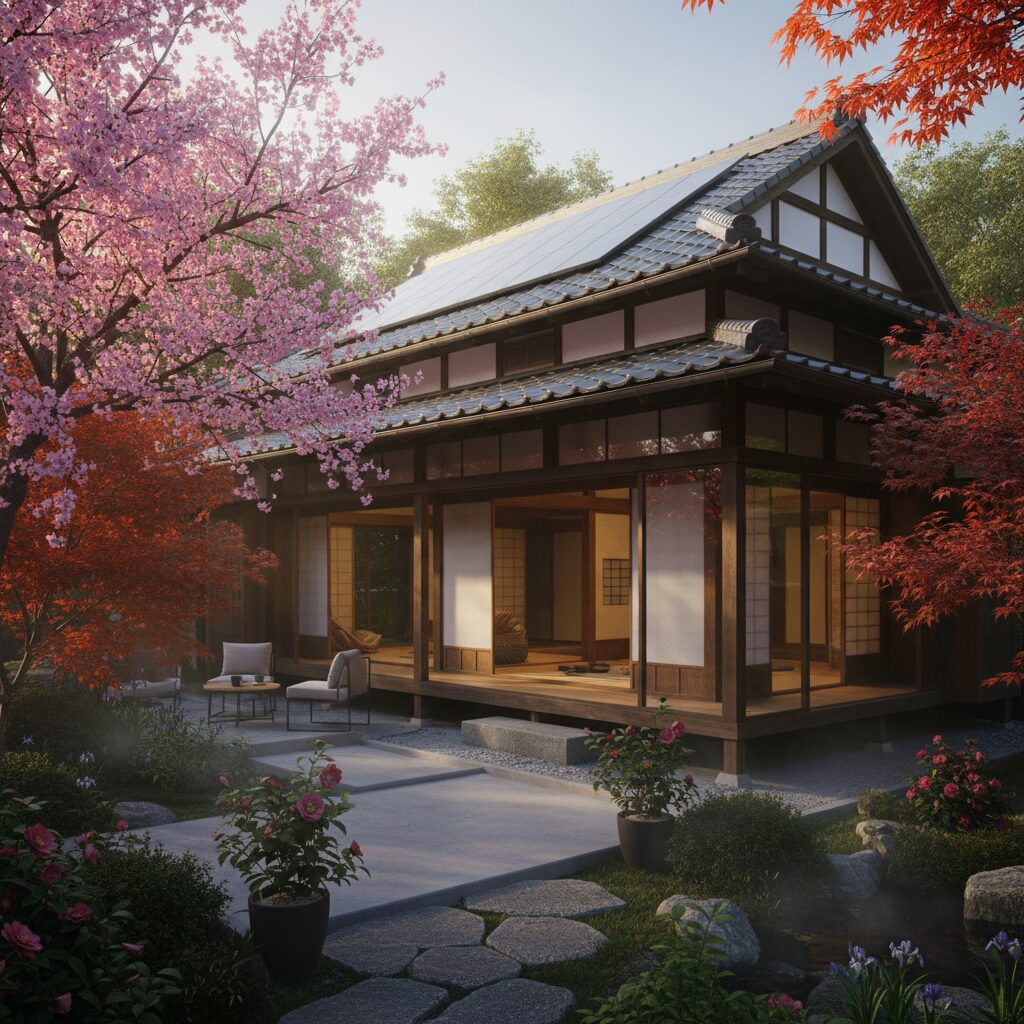 日本の古民家風の温かい家と豊かな自然の風景