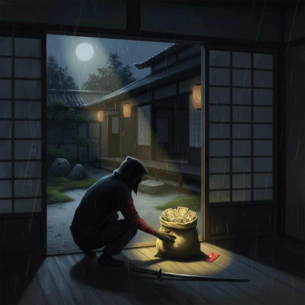 夜の日本家屋から現金を盗もうとする影の人物のドラマチックなイメージ