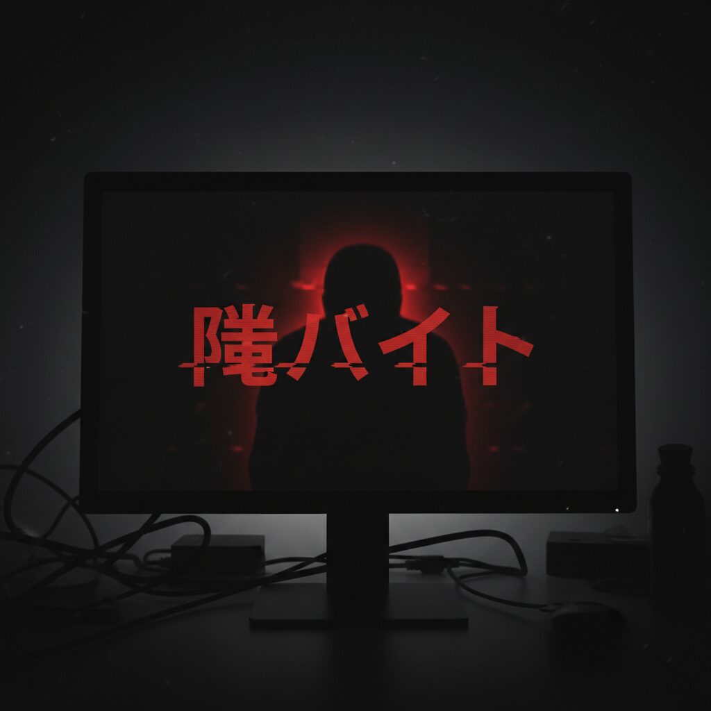 パソコン画面に映る「闇バイト」の文字と影の人物。闇サイト殺人事件から続くインターネット犯罪の危険性を象徴する画像。