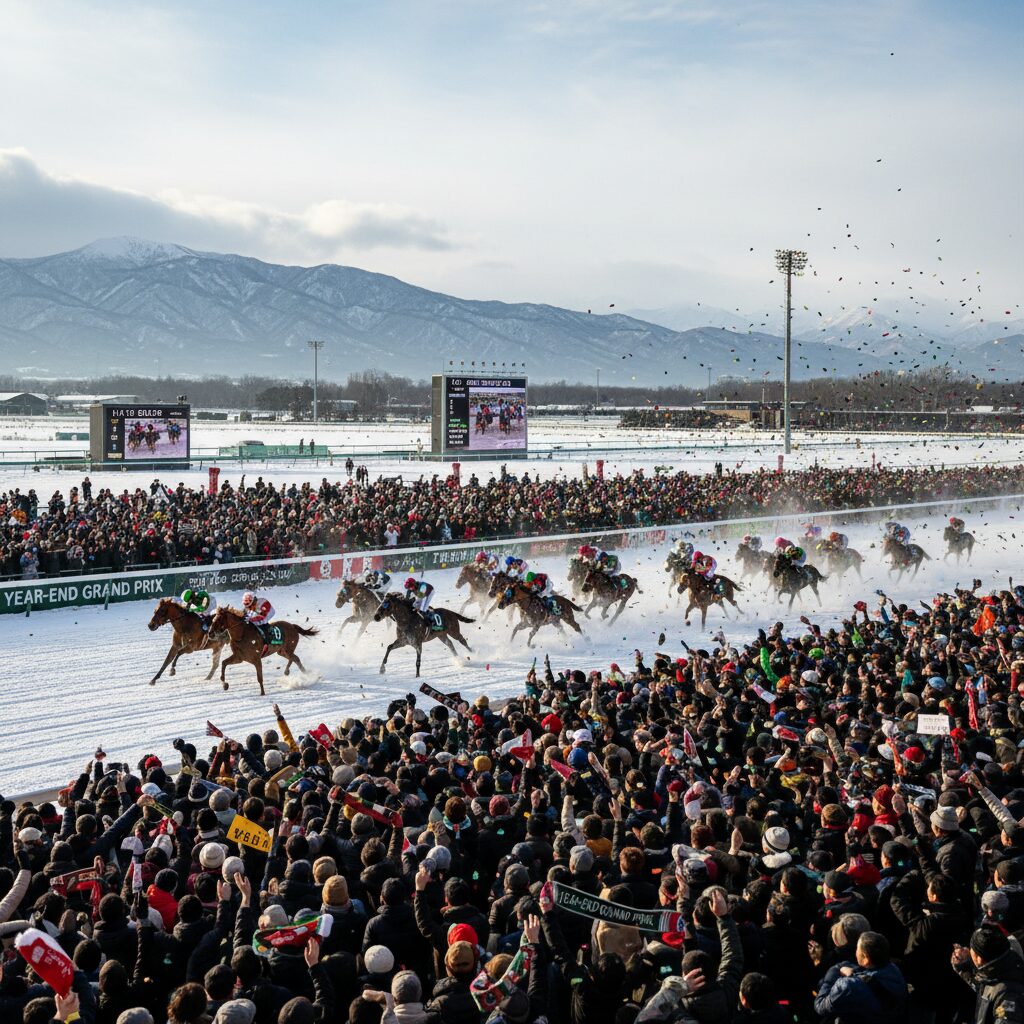 中山競馬場で行われる有馬記念2025で疾走する競走馬と大観衆