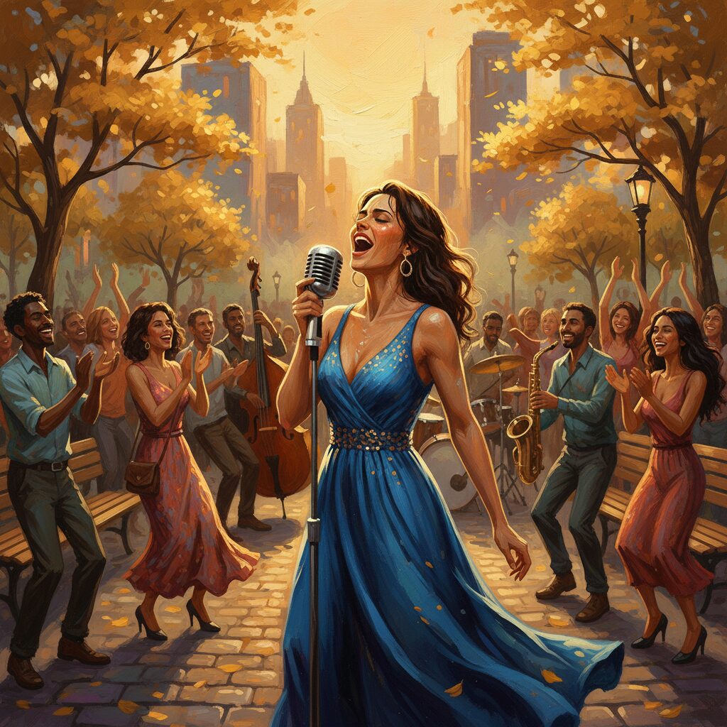 夕焼けに染まる都市公園で力強く歌うジャズシンガーと、それを囲む熱気ある観衆のイラスト