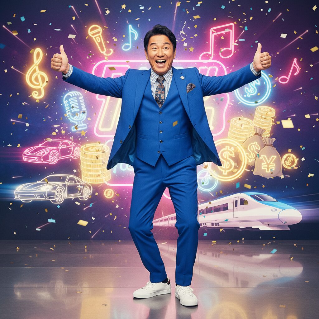 満面の笑顔でガッツポーズをする柳沢慎吾さんのイラスト。背景にはお金のシンボルや高級車が描かれ、彼の多岐にわたる活躍を表現している。