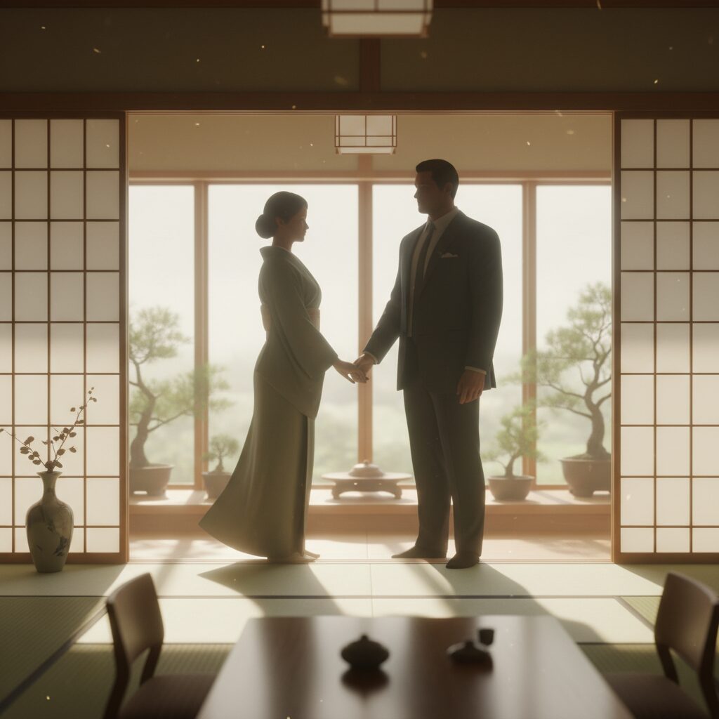 吉村洋文知事の妻・洋子さんのイメージ。政治家である夫を陰で支える献身的な女性の姿を抽象的に表現したイラスト。