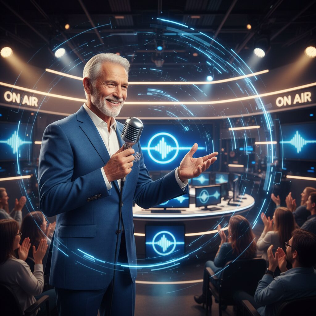 マイクを持ち、笑顔で語りかけるベテラン男性アナウンサーのイラスト