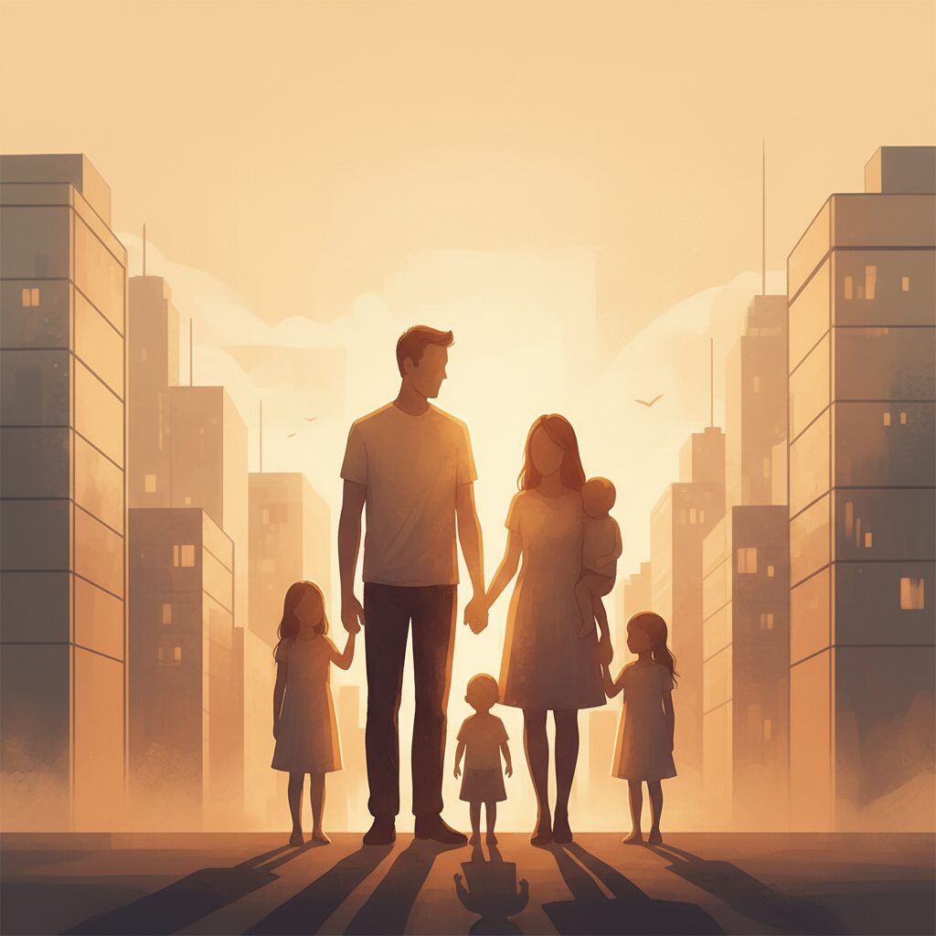 吉村洋文知事と妻、そして3人の子供たち家族の温かいイラスト