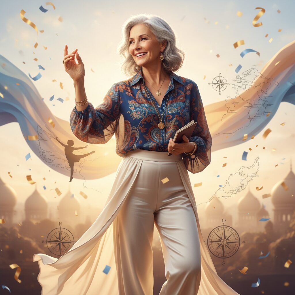 50代の女性が自信に満ちた笑顔で立つ姿。背景には華やかな光が差し込み、彼女の活動的な人生を象徴するような抽象的な模様が見える。