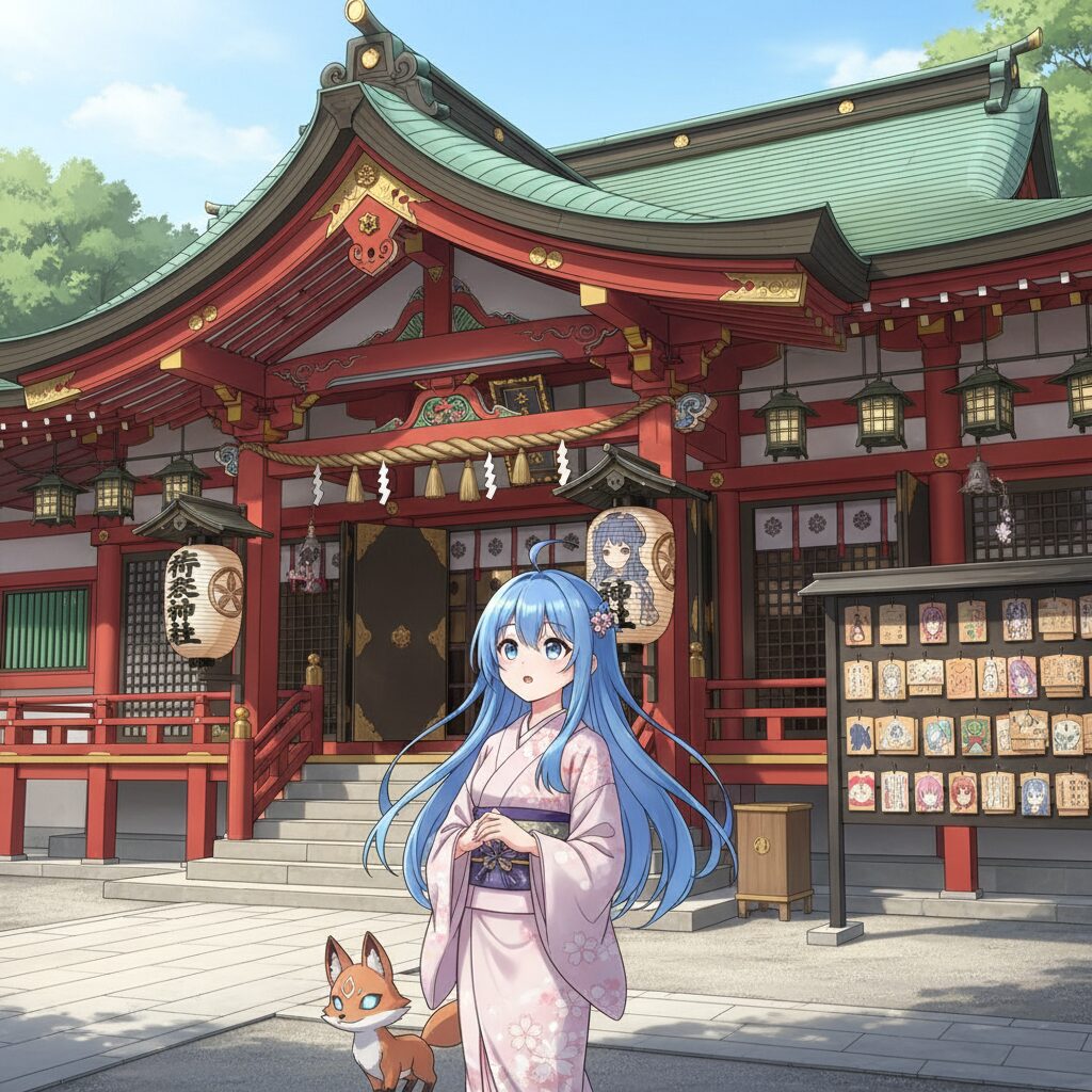 神田明神の本殿とアニメキャラクターが融合したアイキャッチ画像