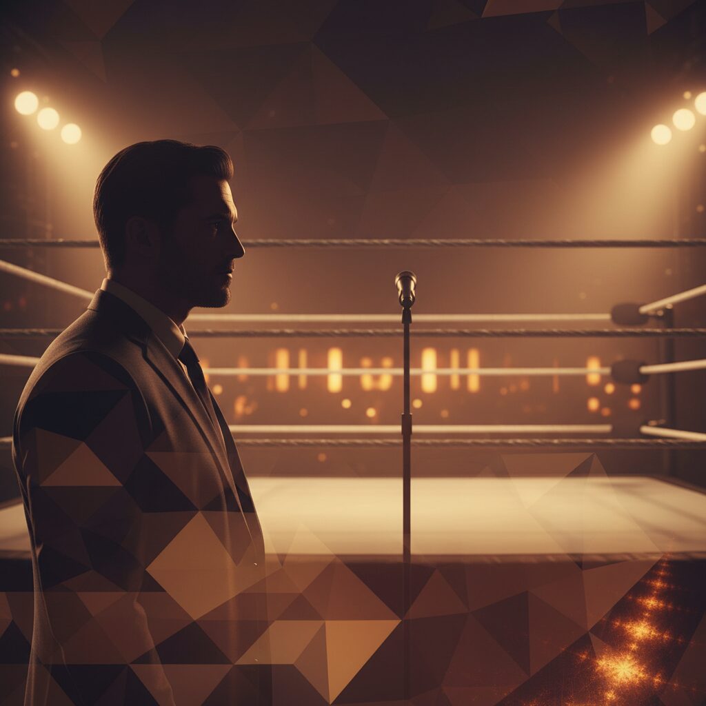 徳光正行の人生を象徴する、プロレスリングとマイクが配された背景の反射的なイメージ。