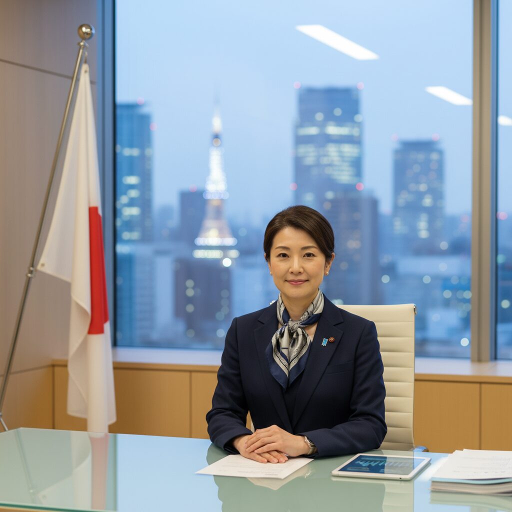 自信に満ちた表情で立つ吉村洋文氏のような日本人政治家。背景は大阪のビル群。